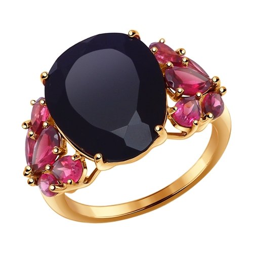 Кольцо из красного золота с ониксом и родолитами