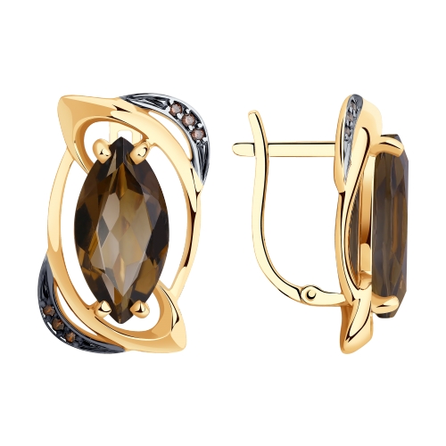 Серьги из красного золота с раухтопазом и фианитами