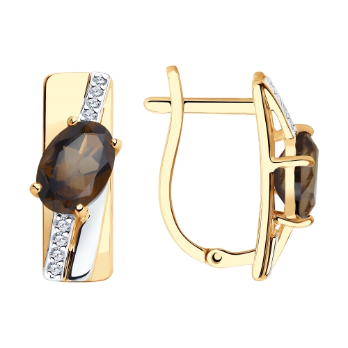 Серьги из красного золота с раухтопазом и фианитами