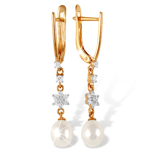 Серьги из красного золота с жемчугом и фианитами