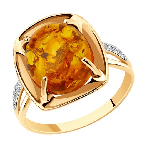 Кольцо из красного золота с янтарем и фианитами