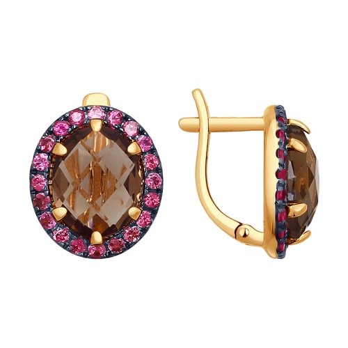 Серьги из красного золота с раухтопазами и родолитами