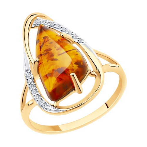 Кольцо из красного золота с янтарем и фианитами