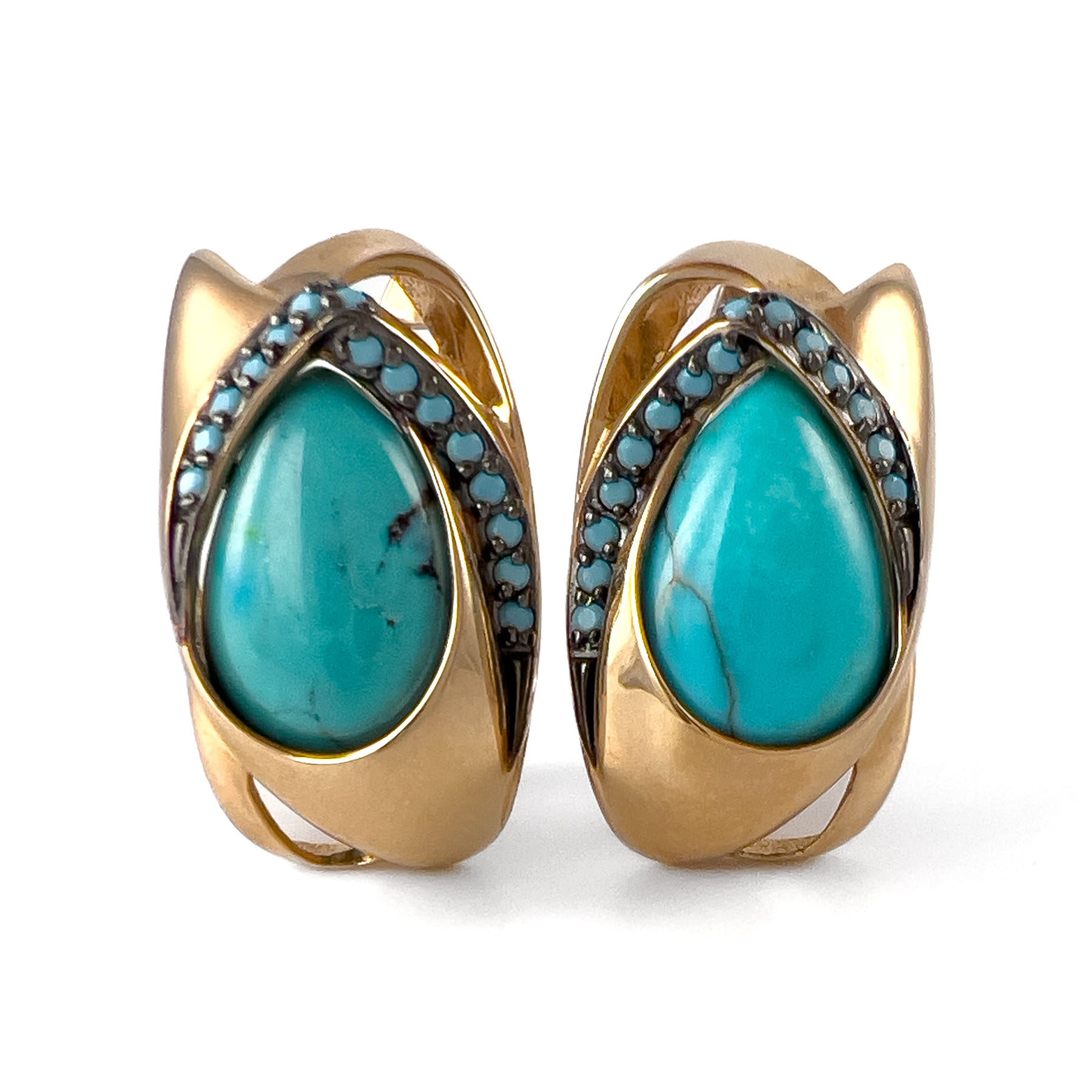 Серьги из красного золота с бирюзой и фианитами