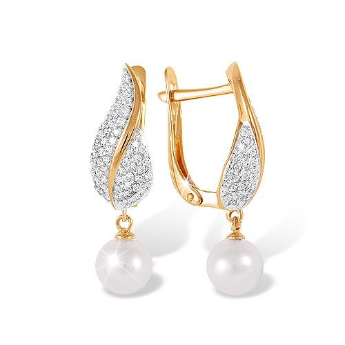 Серьги из красного золота с жемчугом и фианитами