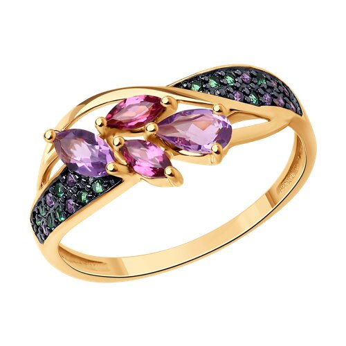 Кольцо из красного золота с аметистами, родолитами и фианитами