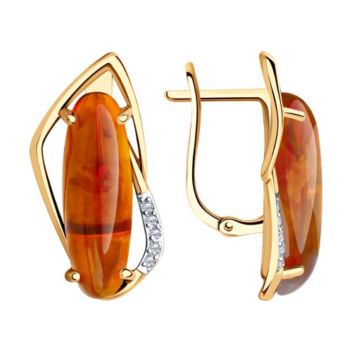 Серьги из красного золота с янтарем и фианитами