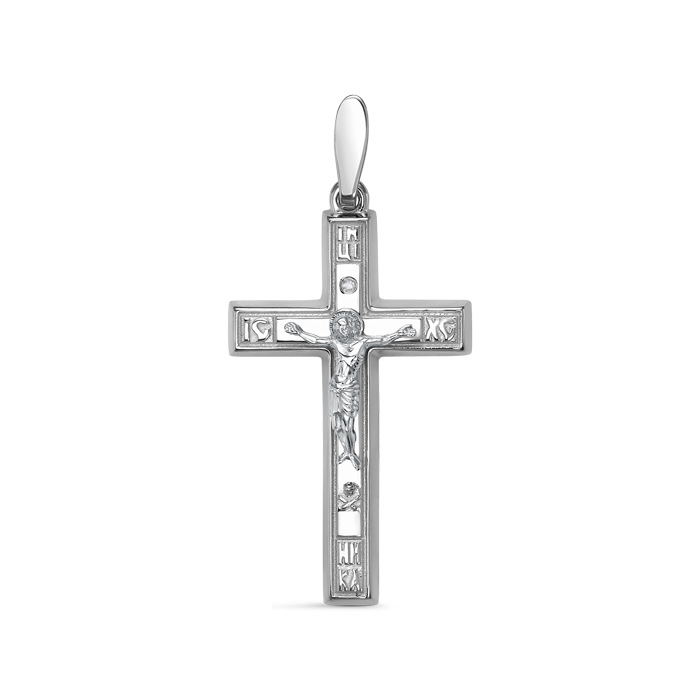 Крестик христианский из белого золота с бриллиантом