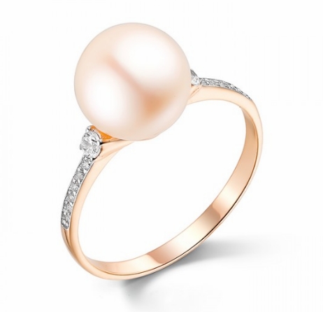 Кольцо из красного золота с жемчугом и фианитами