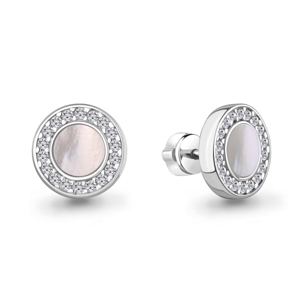 Серьги-пусеты из серебра с перламутром и фианитами