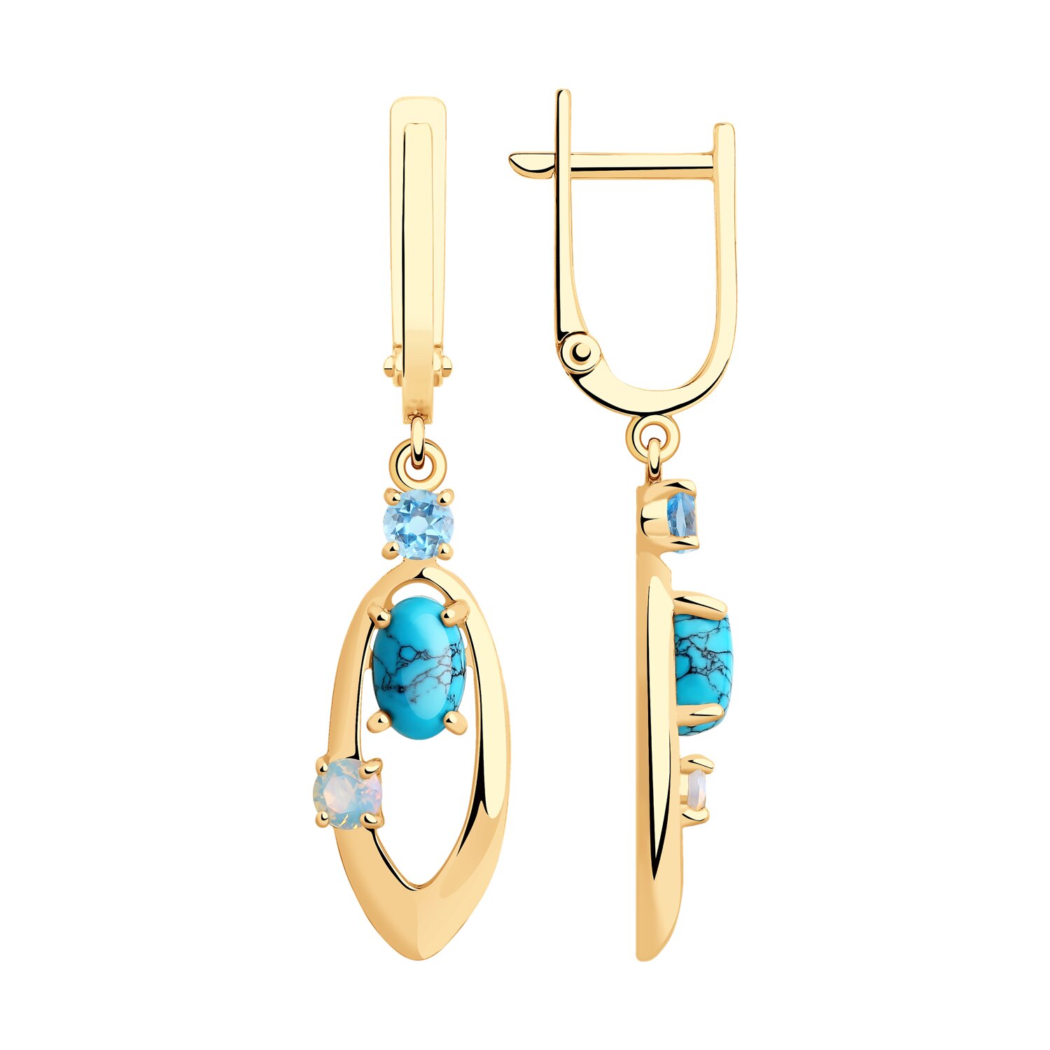 Серьги из красного золота с бирюзой, ситаллами и топазами