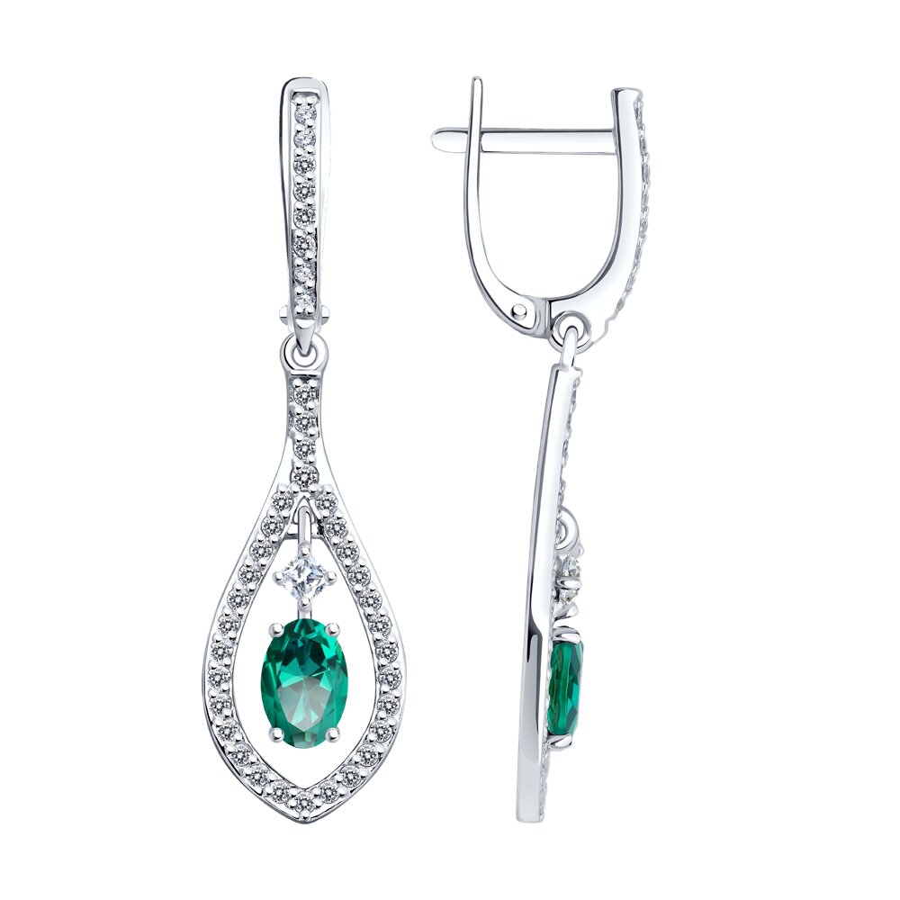 Серьги из белого золота с гидротермальными изумрудами и фианитами