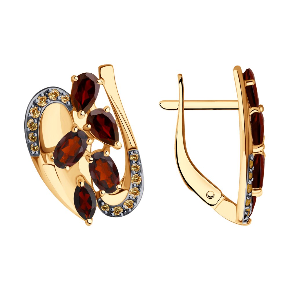 Серьги из красного золота с гранатами и фианитами