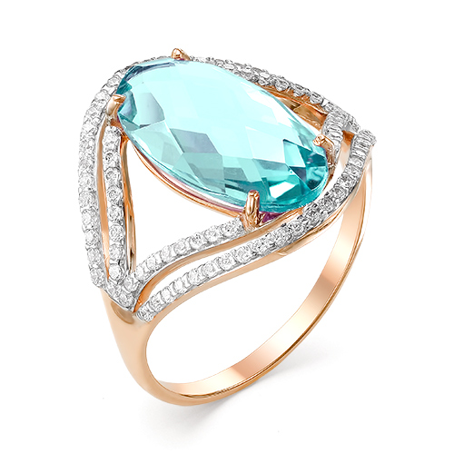 Кольцо из красного золота с аквамарином и фианитами