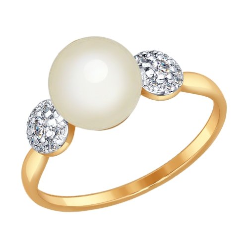 Кольцо из красного золота с жемчугом и фианитами