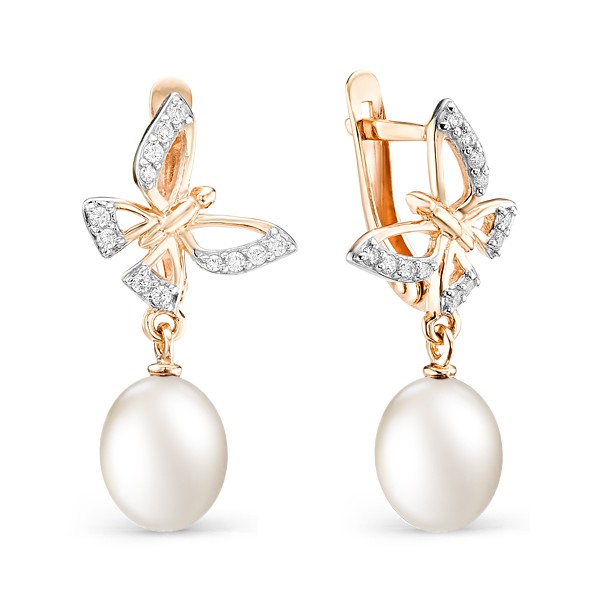 Серьги из красного золота с жемчугом и фианитами