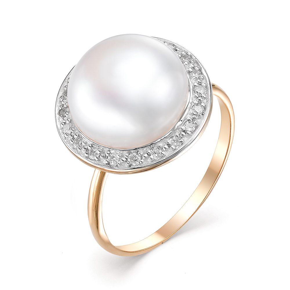 Кольцо из красного золота с жемчугом и фианитами