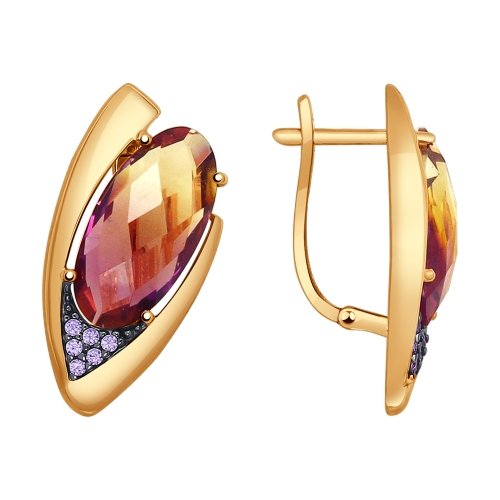 Серьги из красного золота 585 пробы с ситаллами и фианитами