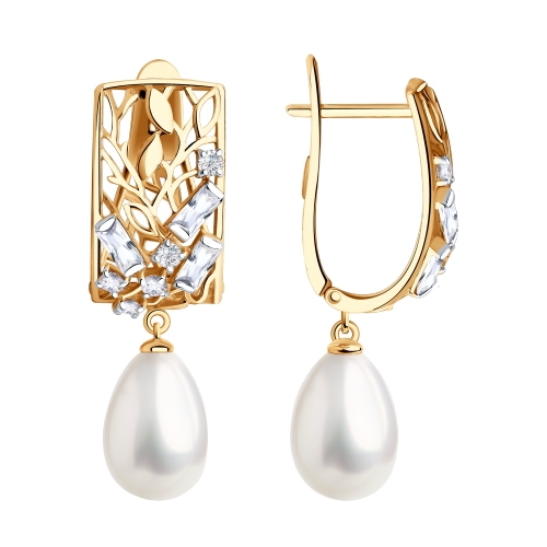 Серьги из красного золота с жемчугом и фианитами