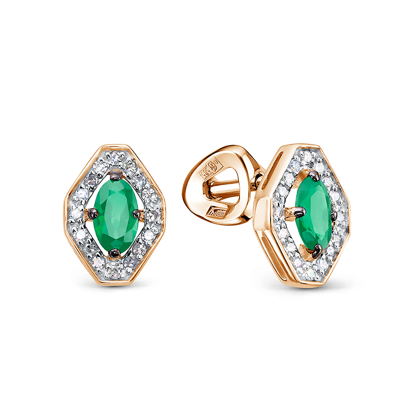 Серьги пусеты из красного золота с изумрудами и бриллиантами