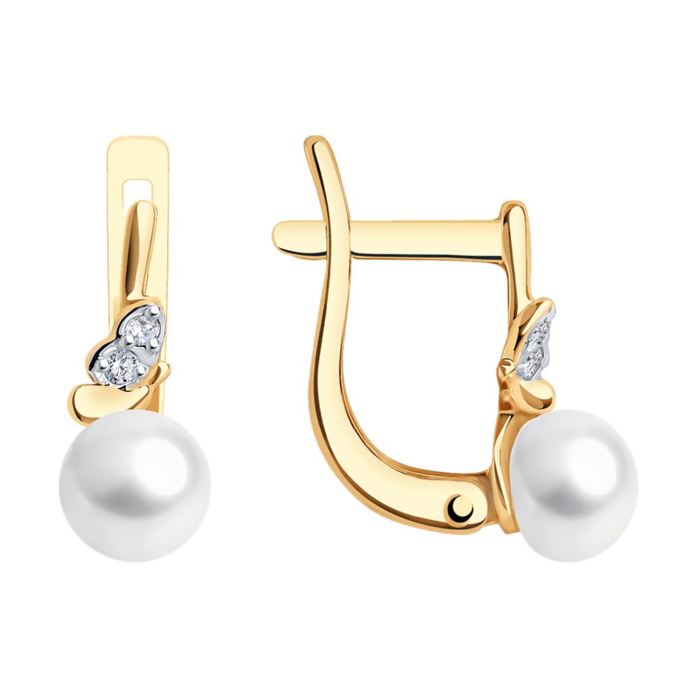 Серьги из красного золота с жемчугом и фианитами