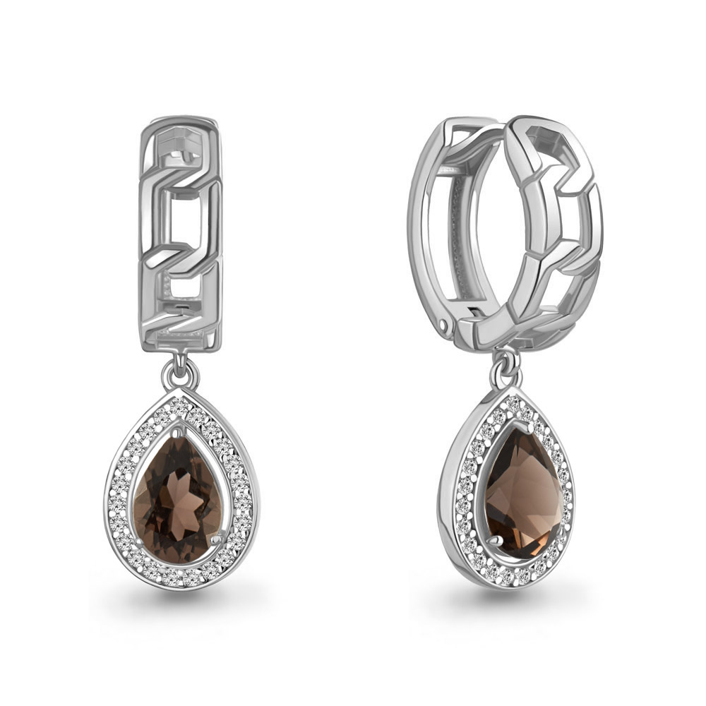 Серьги из серебра с раухтопазом и фианитами