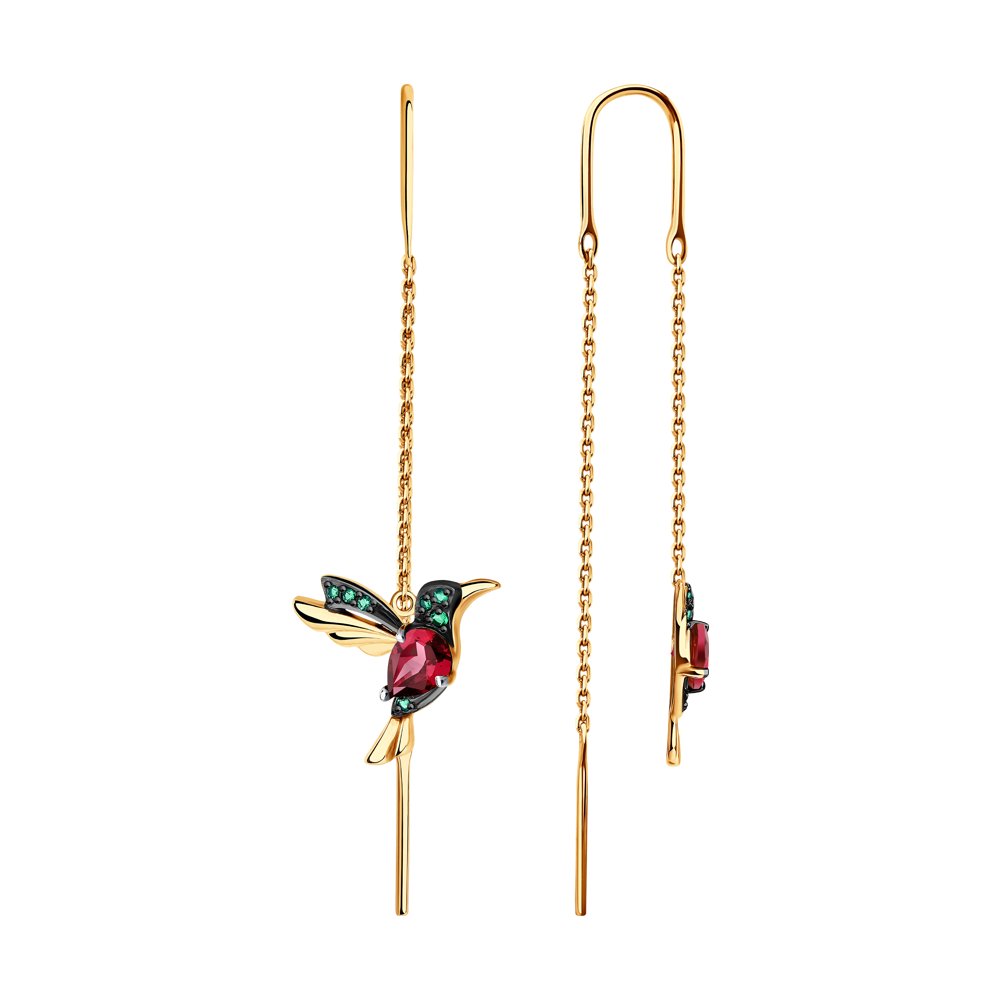 Серьги-продёвки из красного золота с родолитами и фианитами