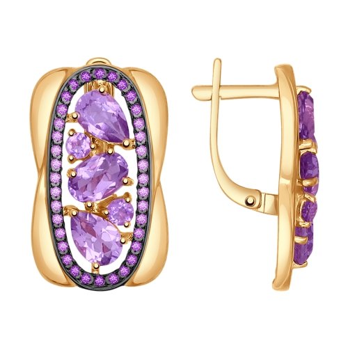 Серьги из красного золота с аметистами и фианитами