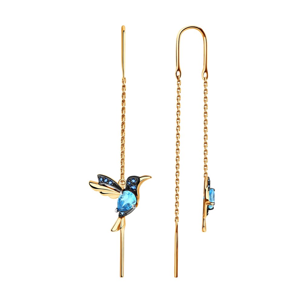 Серьги-продёвки из красного золота с топазами и фианитами