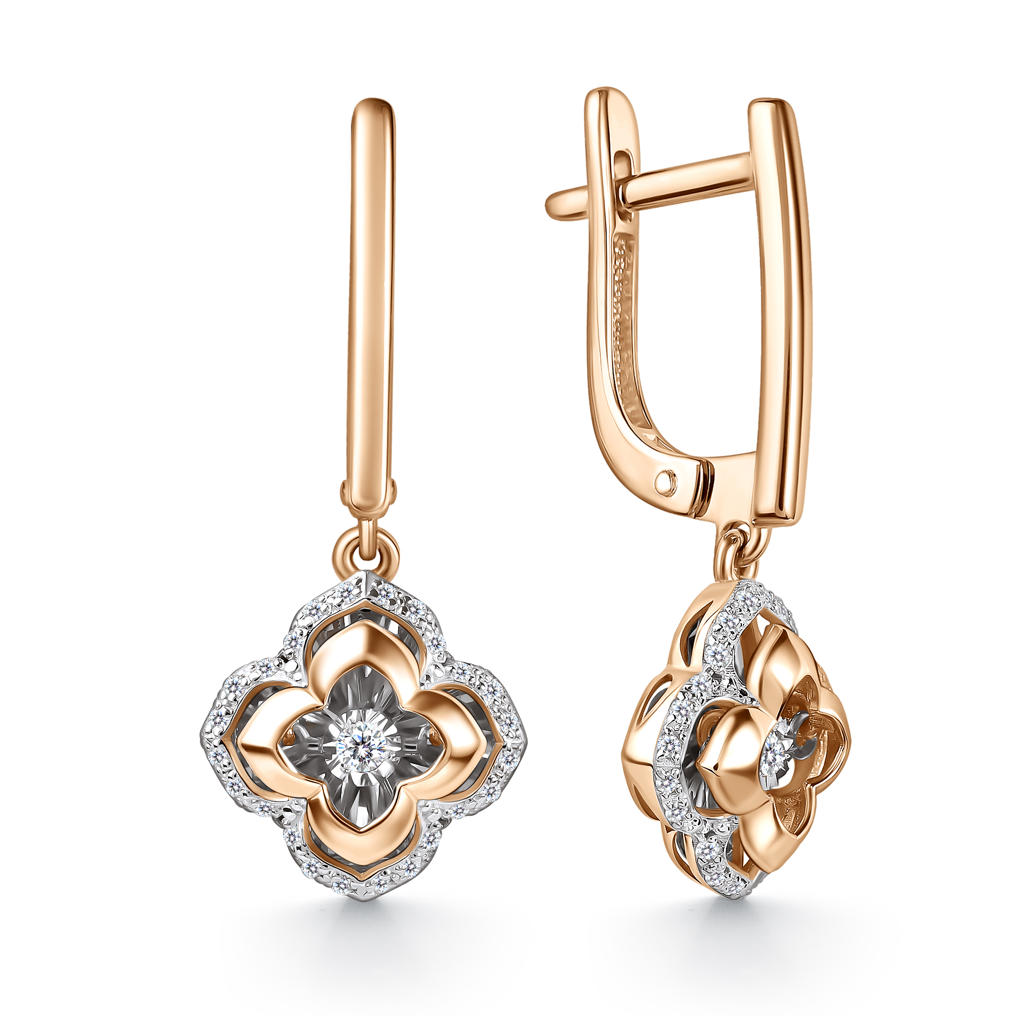 Серьги из комбинированного золота с танцующими бриллиантами