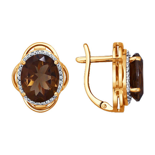 Серьги из красного золота с раухтопазом и фианитами