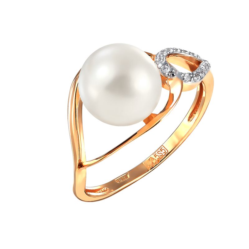 Кольцо из красного золота с жемчугом и фианитами