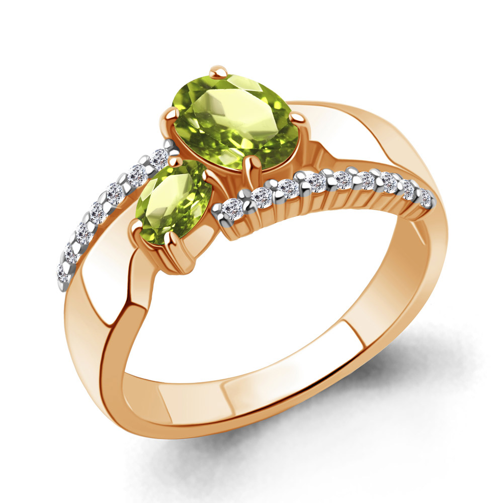 Кольцо из красного золота с хризолитом и фианитами