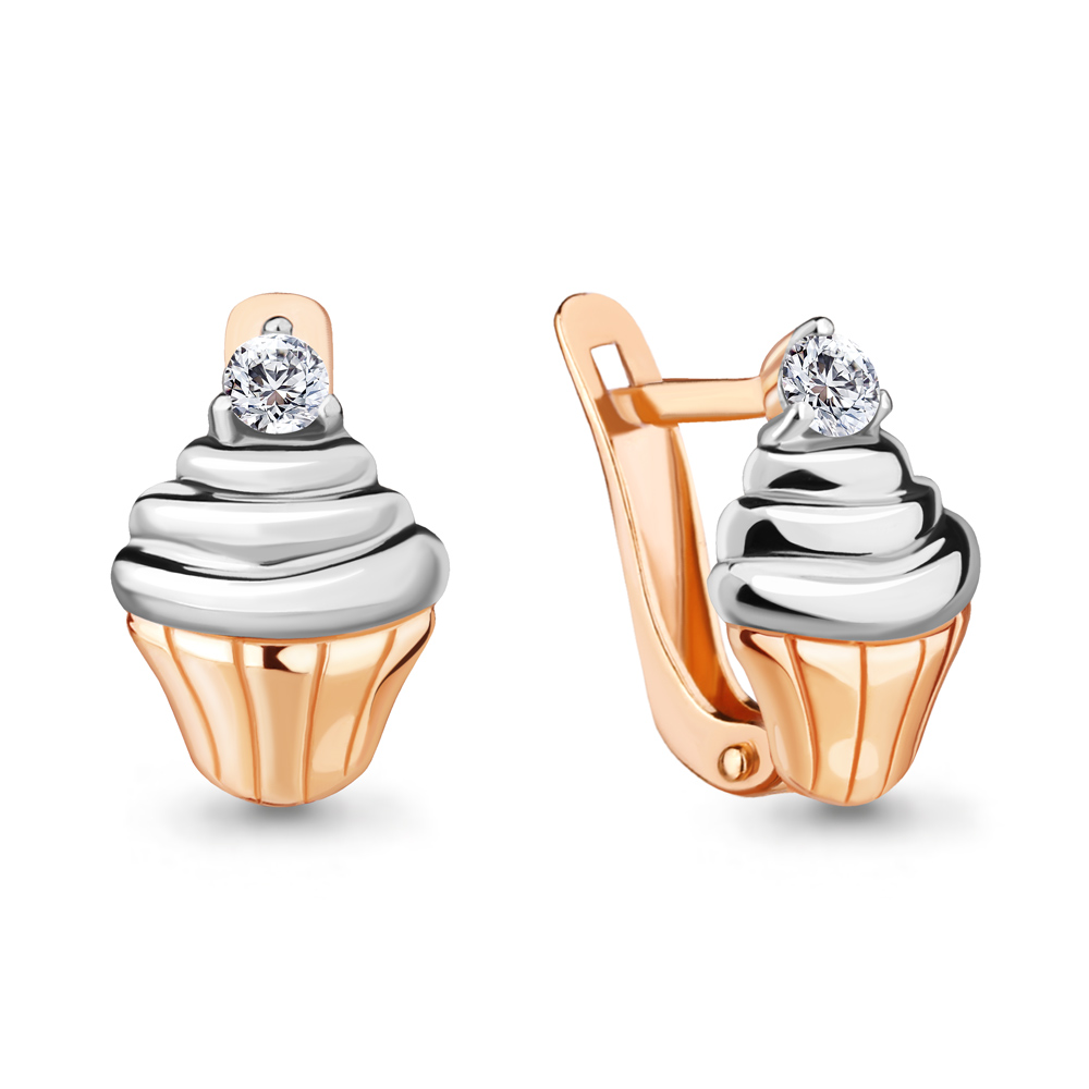 Серьги «Пирожное» из комбинированного золота 585 пробы с фианитами