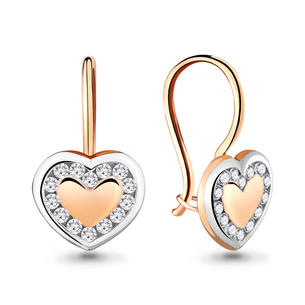 Серьги «Сердечки» из красного золота 585 пробы с фианитами