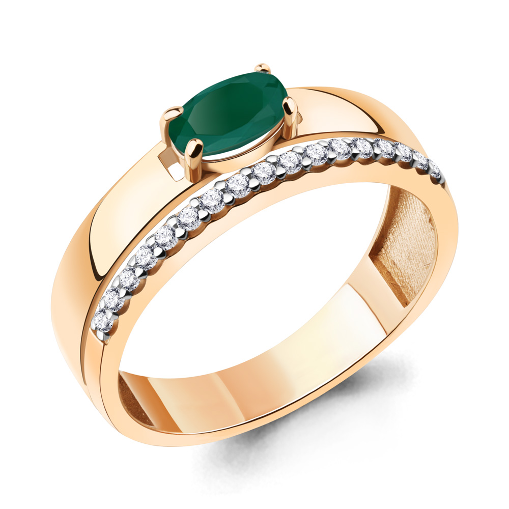 Кольцо из красного золота с агатом и фианитами