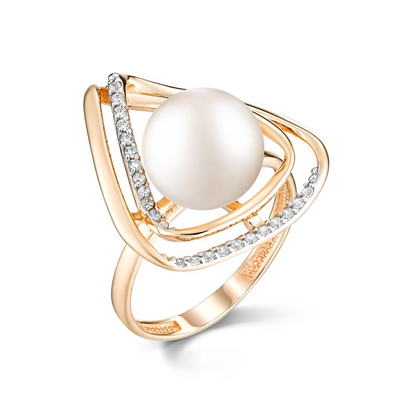 Кольцо из красного золота с жемчугом и фианитами