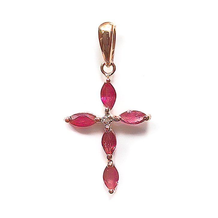 Декоративный крестик из красного золота с рубинами и бриллиантом