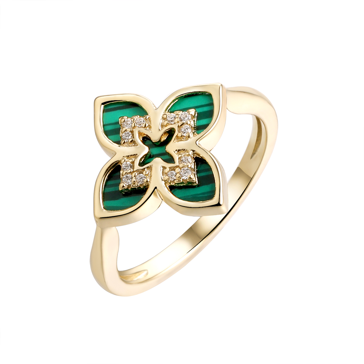 Кольцо из позолоченного серебра с малахитом и фианитами