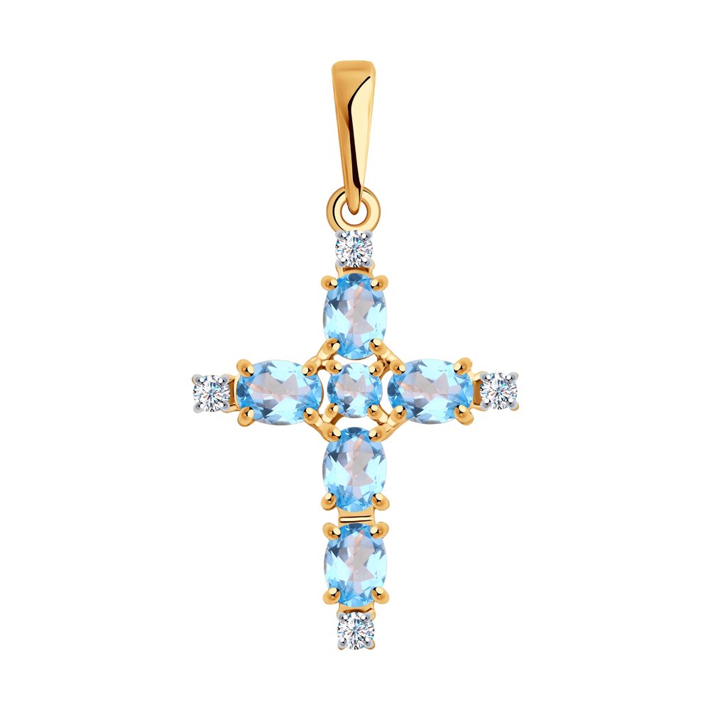 Декоративный крестик из красного золота с топазами и фианитами