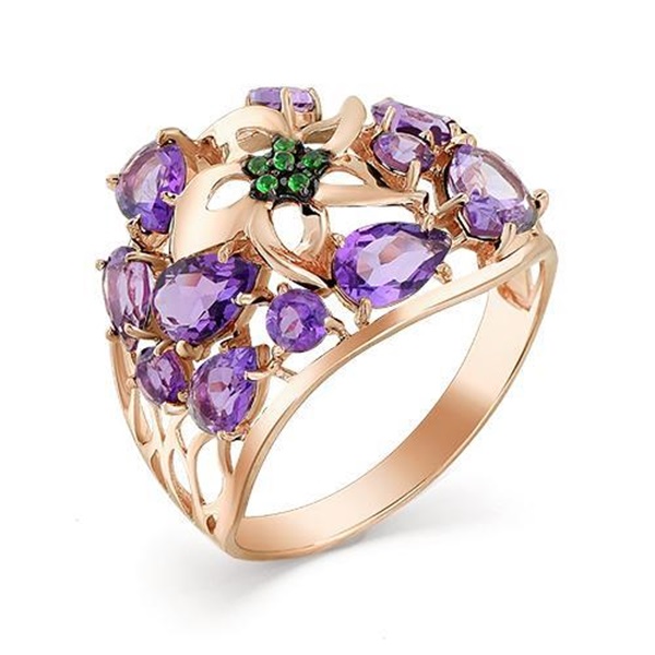 Кольцо из красного золота с аметистами и фианитами