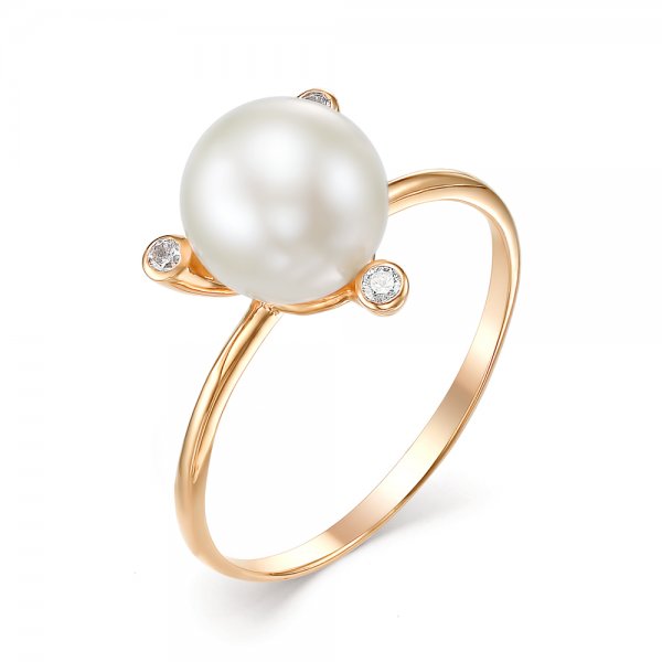 Кольцо из красного золота с жемчугом и фианитами