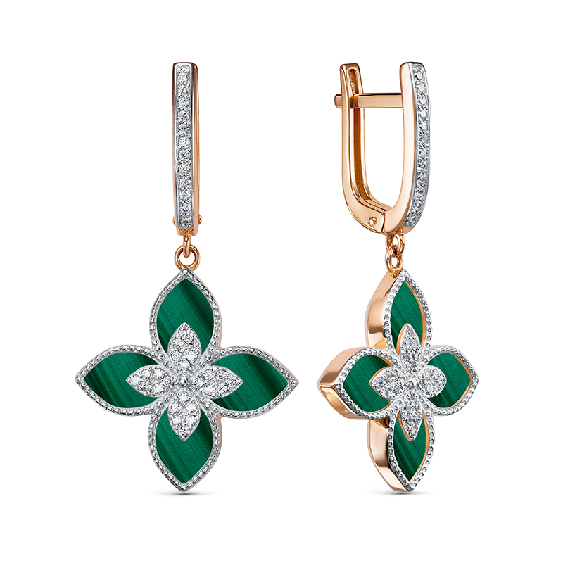 Серьги из красного золота с фианитами и малахитом