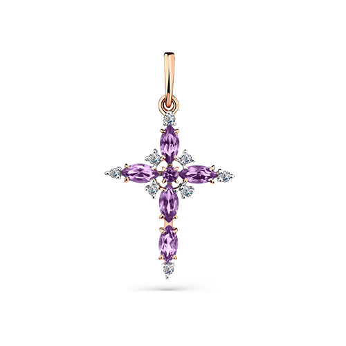 Декоративный крестик из красного золота с аметистами и фианитами