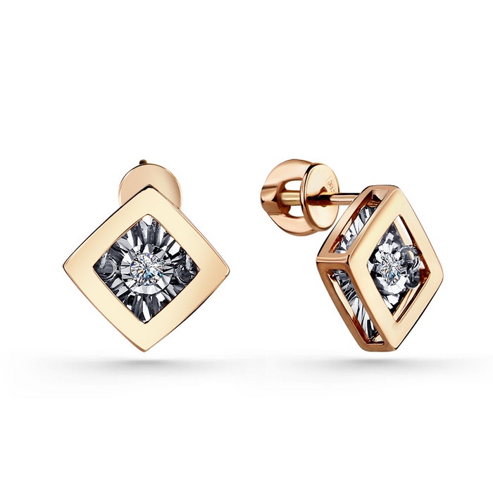 Серьги-пусеты из красного золота с танцующим бриллиантом