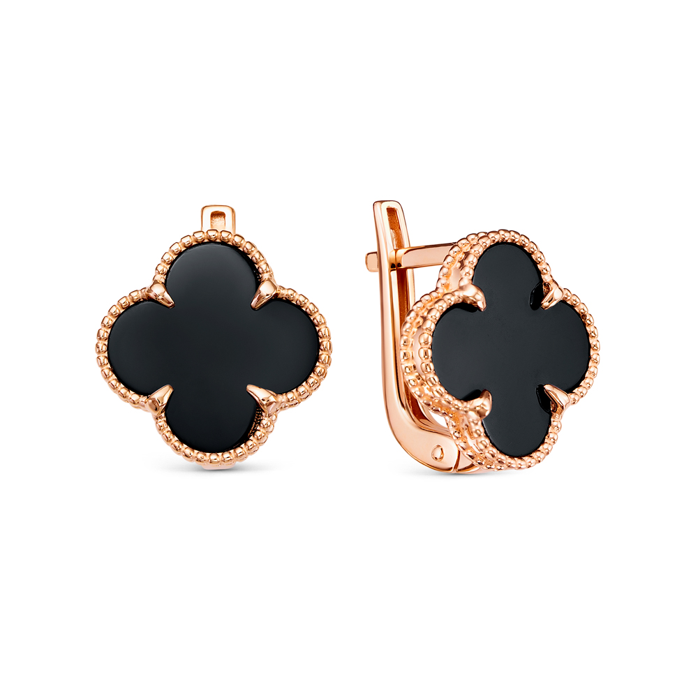 Серьги из красного золота с ониксом «Клевер»