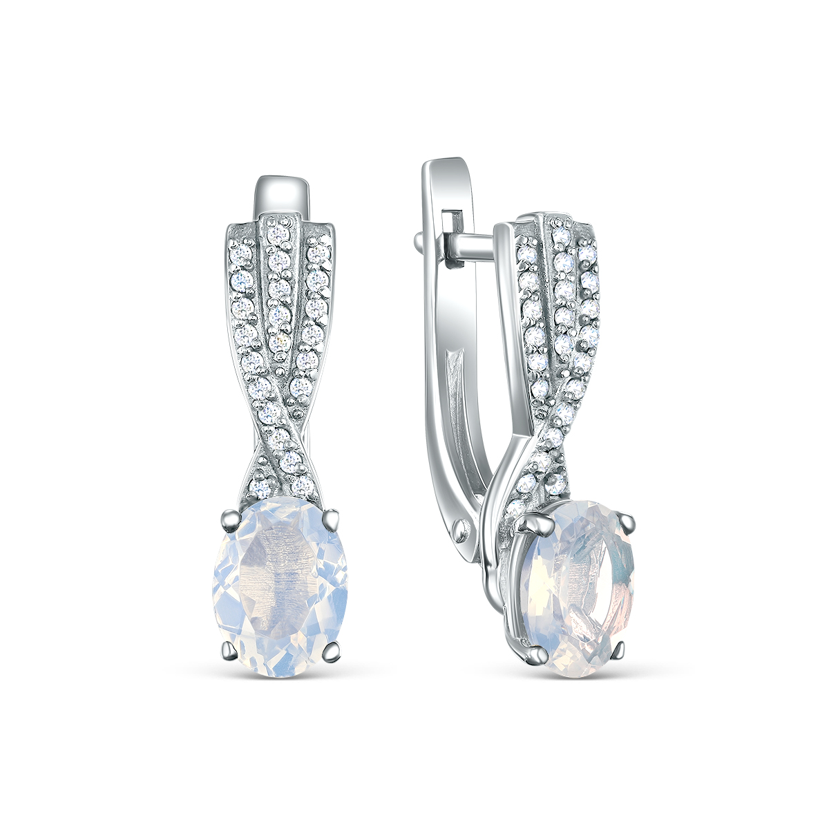 Серьги из серебра с лунным камнем и фианитами