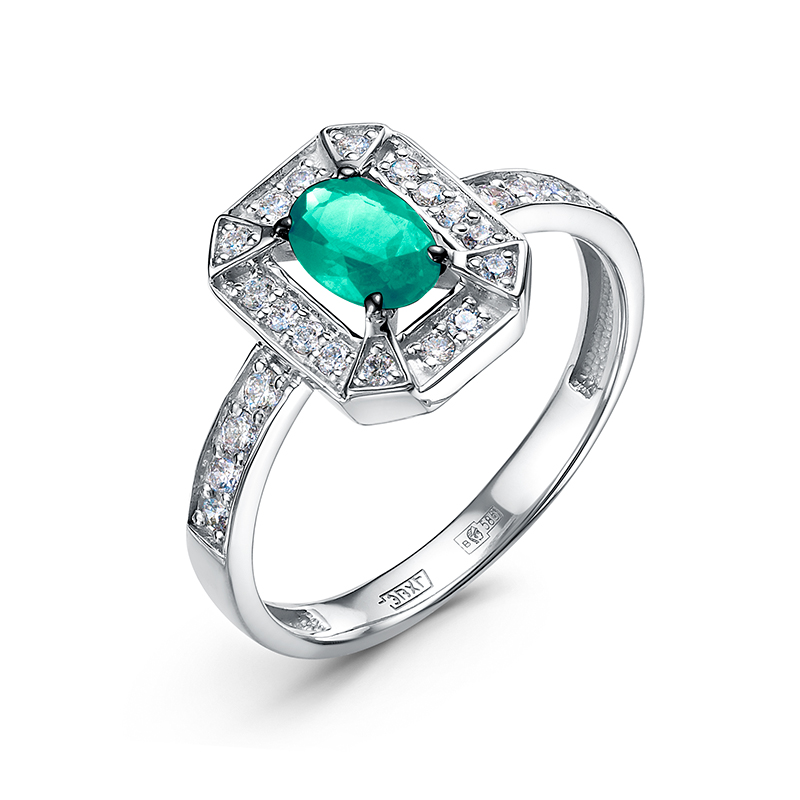 Кольцо из белого золота с изумрудом и бриллиантами