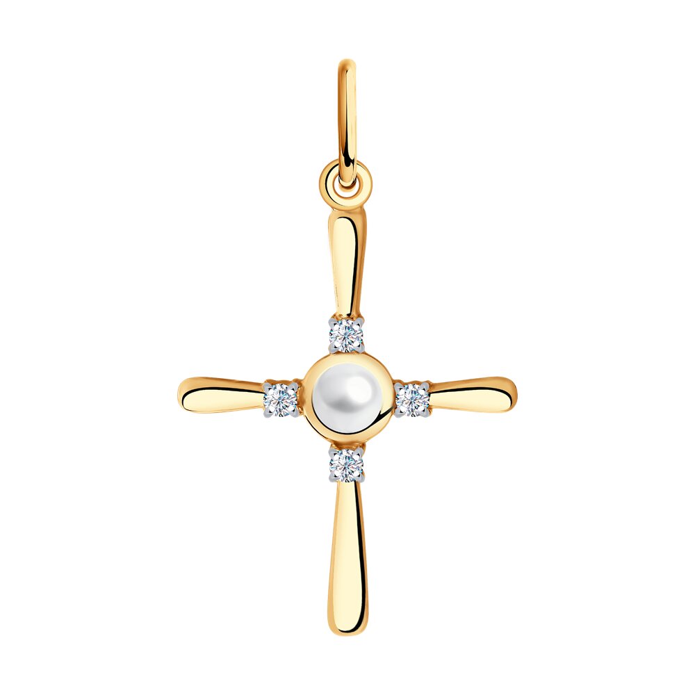 Декоративный крестик из красного золота с жемчугом и фианитами