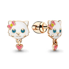 Серьги «Котенок» из красного золота 585 пробы с эмалью